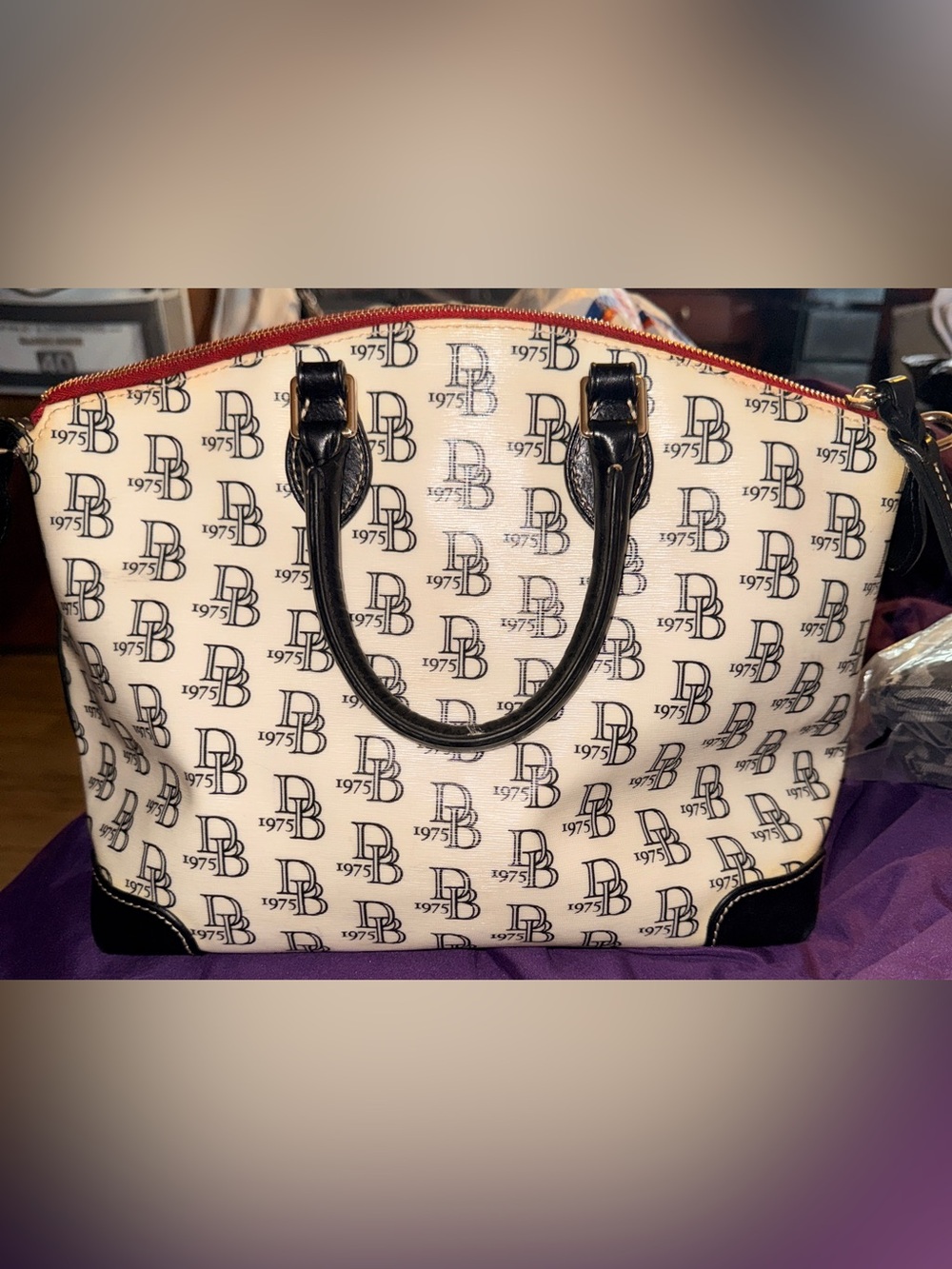 Women's Dooney and Burke White Logo-Print Satchel Bag with Black Handles